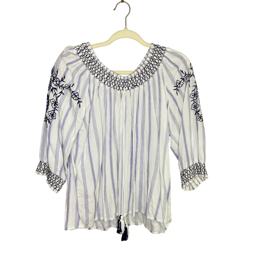 Magnolia Lane Blue White Striped Embroidered Boho Peasant Blouse Top Womens M